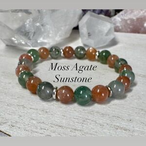 Moss Agate and Sunstone Gemstone Stretch Bracelet